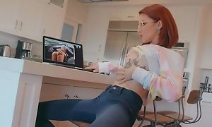 Tall MILF with huge tits and ass fucks tiny redhead girl