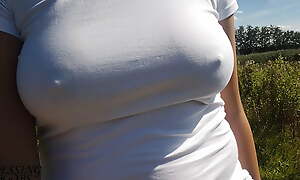 Nice walk without a bra, nipples shine through my white shirt (see through shirt) - boob walk