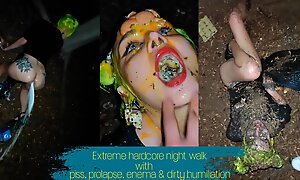Extreme hardcore night walk with piss, enema, prolapse and dirty humiliation