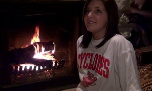 sexy teen uding glass dildo shadow to parents fireplace